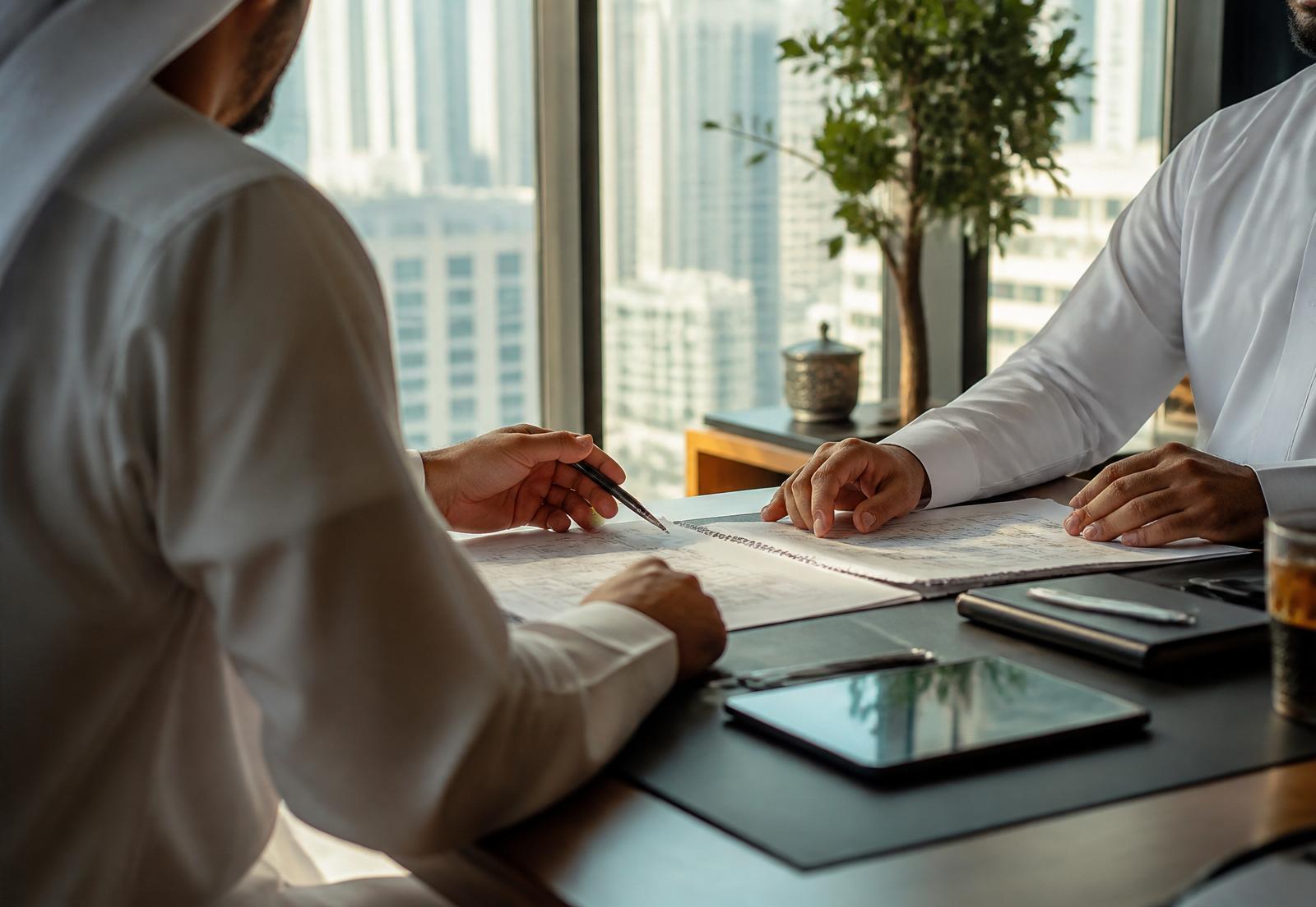 Advisers reviewing setup documents in a UAE office