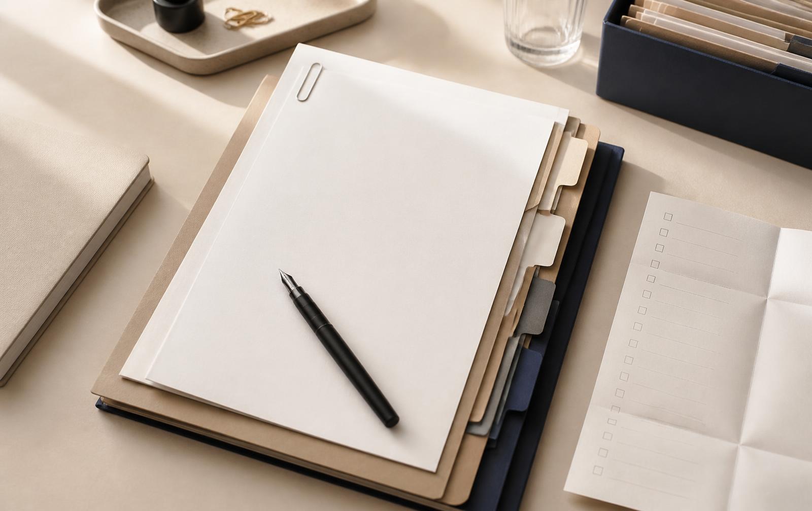 A prepared case file: tabbed dividers, a printed checklist and a pen on a plain desk
